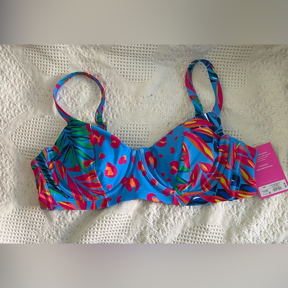 NEW BIKINI TOP TABITHA BROWN TROPICAL PATTERN SWIMSUIT TOP SIZE 16 W